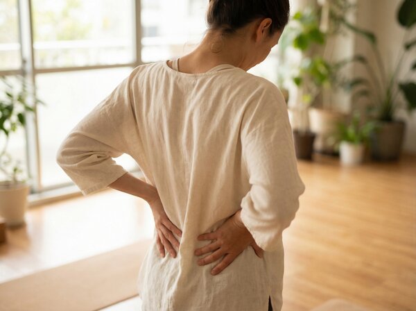 Woman pressing hand against lower back showing back pain relief