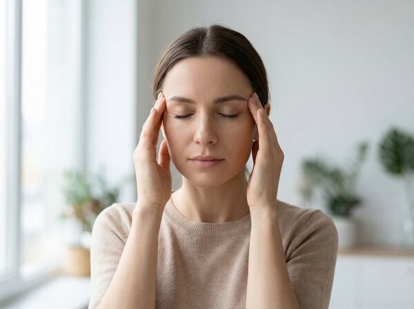 Person with fingers on temples showing headache relief