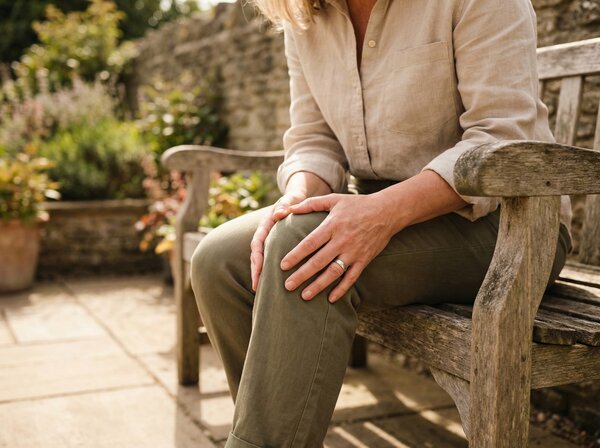 Woman seated with hands on knee showing joint pain relief