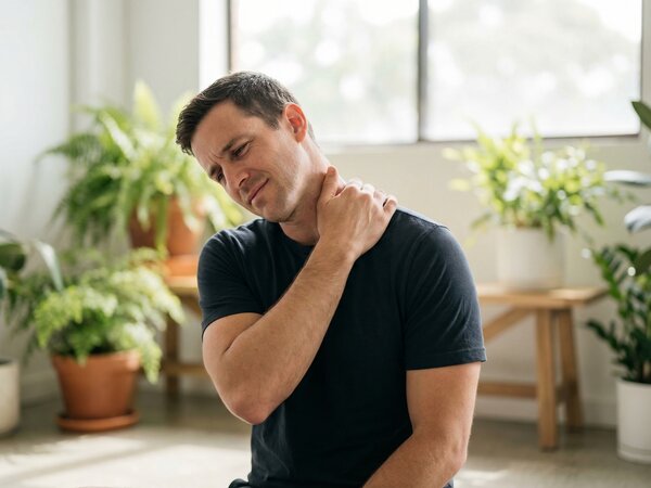 Man with hand on neck and shoulder showing tension relief