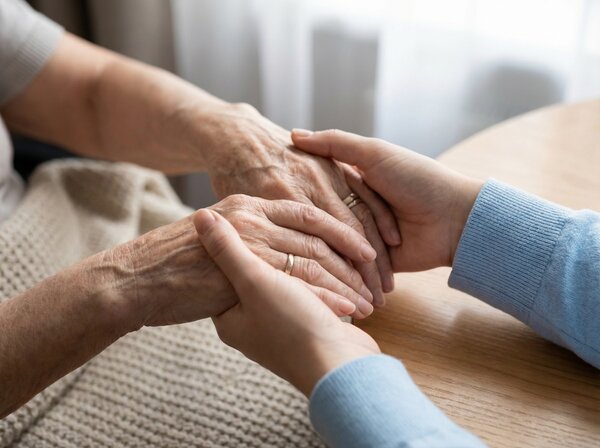 Elderly hands being gently massaged for rheumatic pain relief