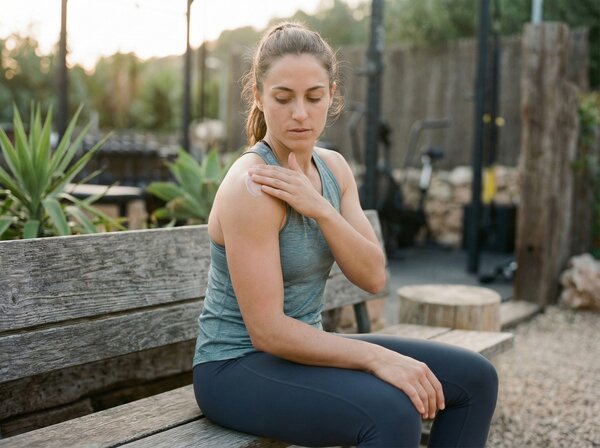 Athlete applying balm to shoulder after training