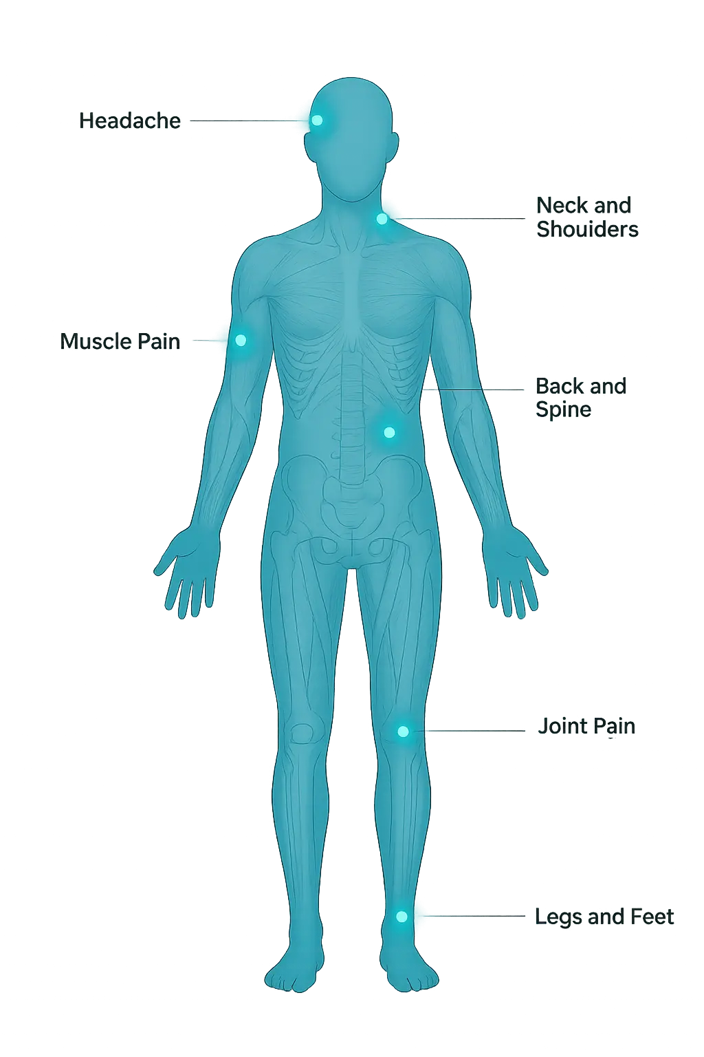 Pain zone skeleton illustration showing the key body areas Alpine Balm helps relieve